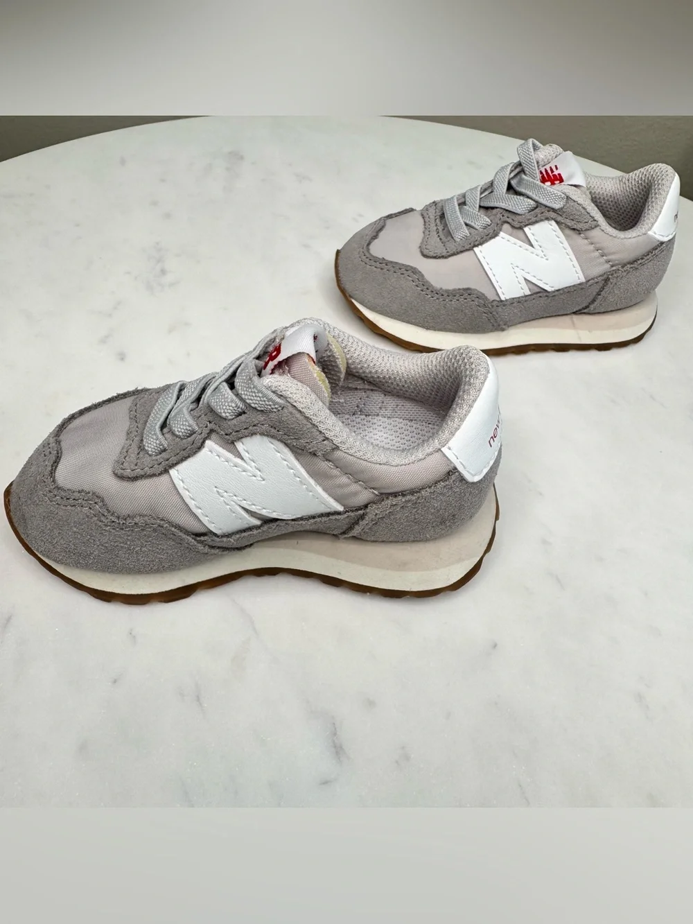 New Balance Kids Gray, White & Red Logo Classic Sneaker